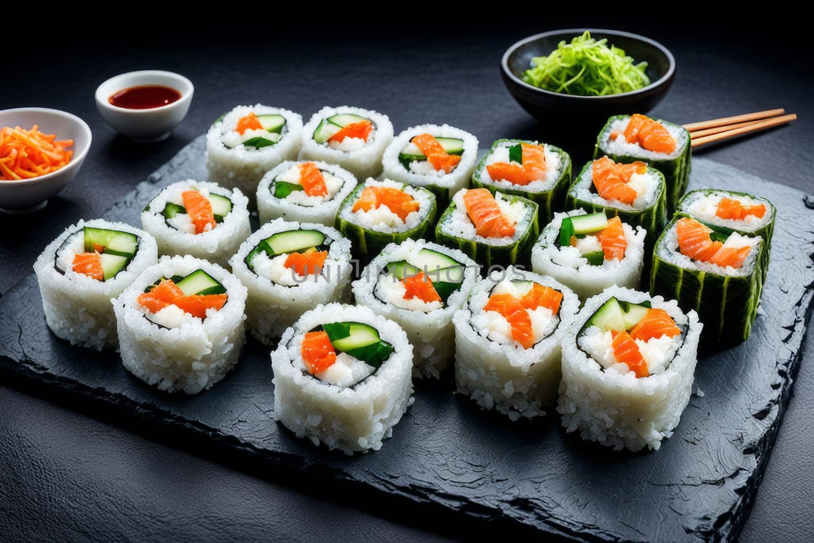 Elegant sushi spread with an array of flavors, including salmon, tuna, and vegetable rolls. Great for food photography, showcasing the artistry of sushi-making and inviting viewers to indulge