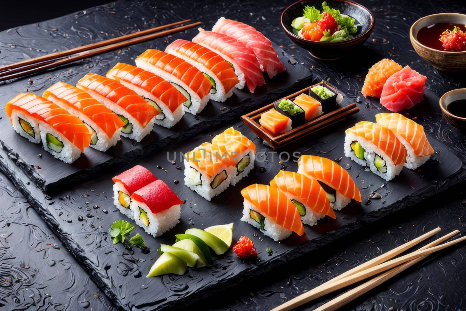 Elegant sushi spread with an array of flavors, including salmon, tuna, and vegetable rolls. Great for food photography, showcasing the artistry of sushi-making and inviting viewers to indulge