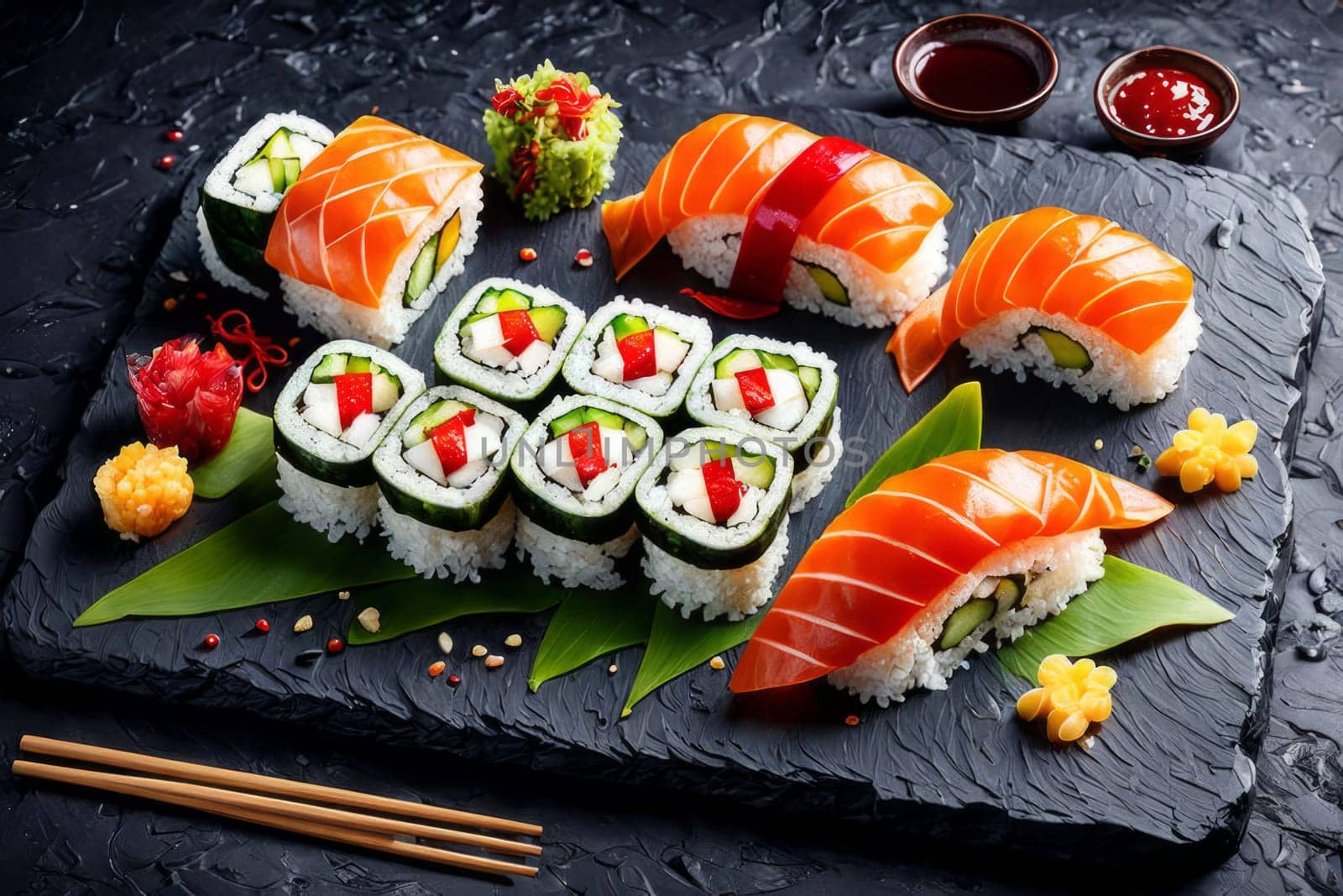Elegant sushi spread with an array of flavors, including salmon, tuna, and vegetable rolls. Great for food photography, showcasing the artistry of sushi-making and inviting viewers to indulge