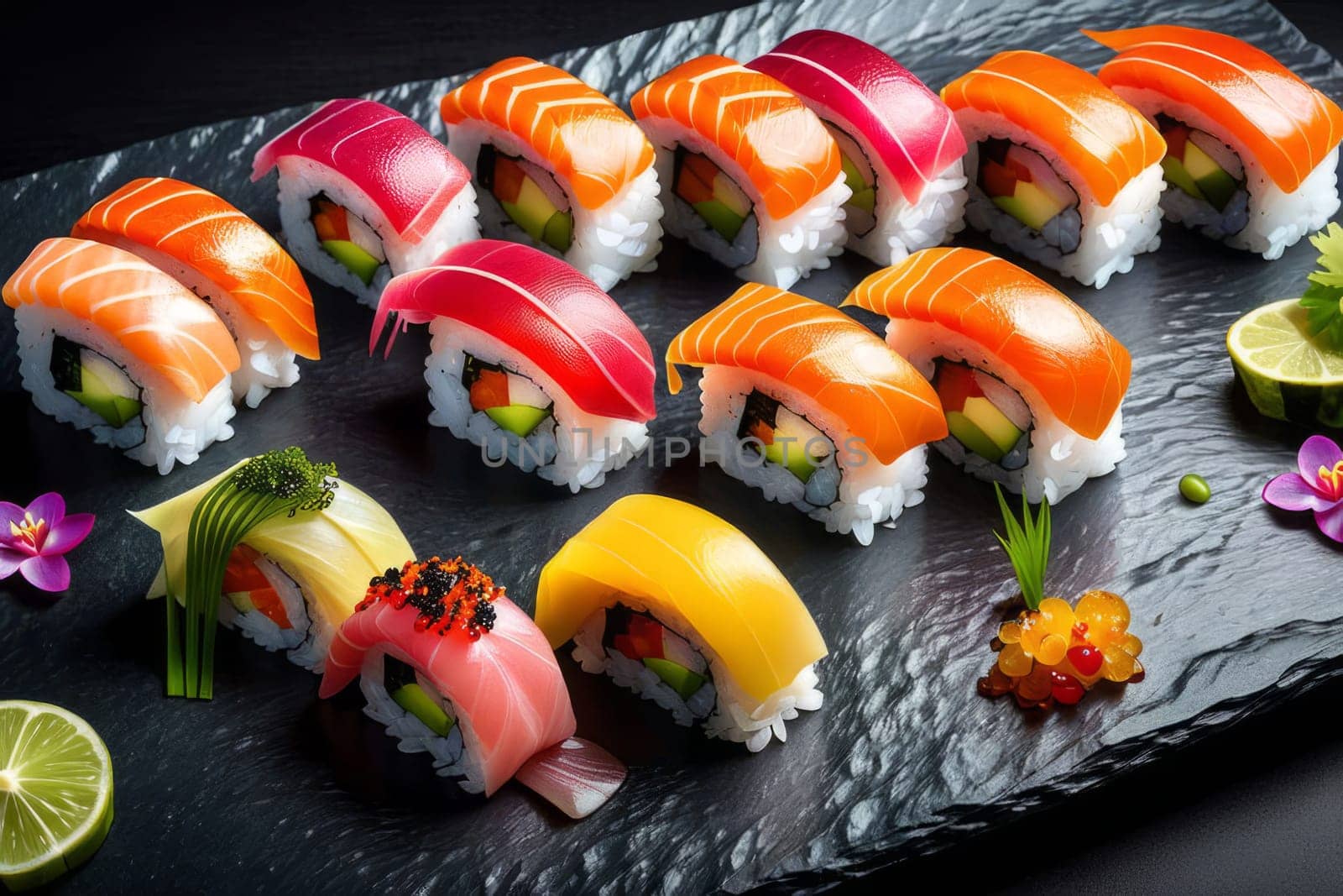 Elegant sushi spread with an array of flavors, including salmon, tuna, and vegetable rolls. Great for food photography, showcasing the artistry of sushi-making and inviting viewers to indulge