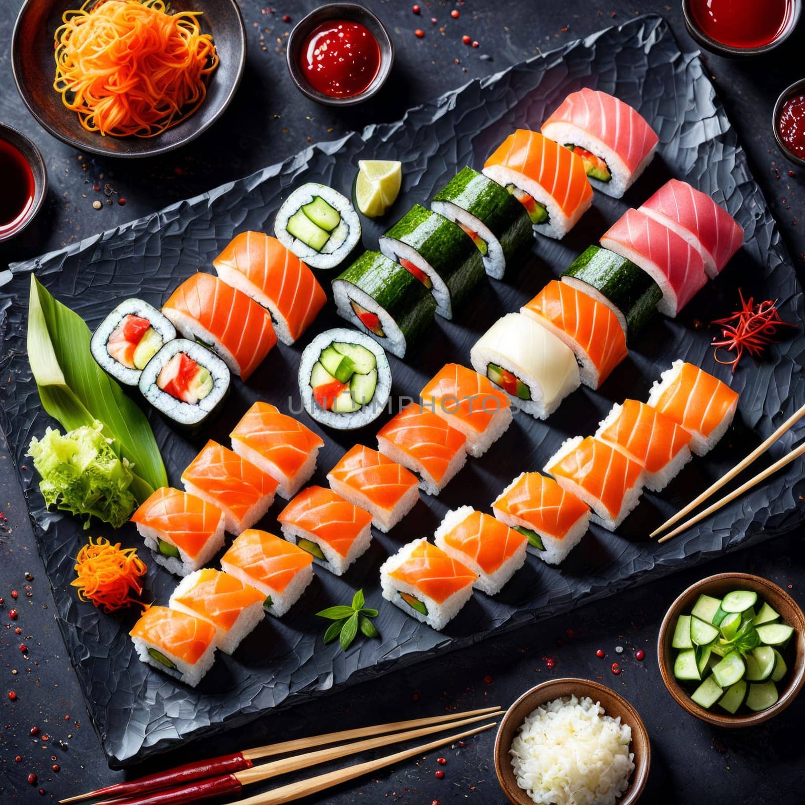 Elegant sushi spread with an array of flavors, including salmon, tuna, and vegetable rolls. Great for food photography, showcasing the artistry of sushi-making and inviting viewers to indulge