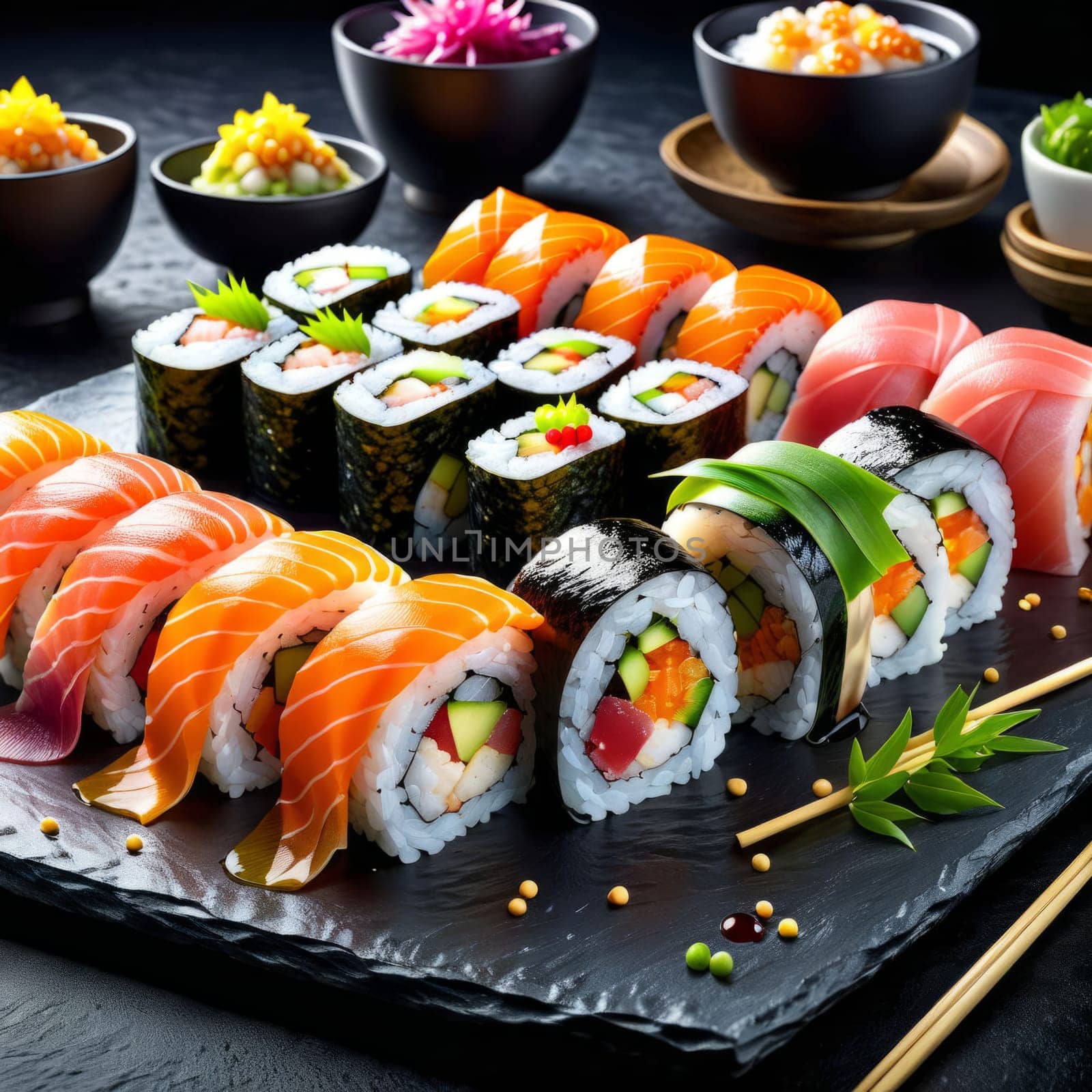 Elegant sushi spread with an array of flavors, including salmon, tuna, and vegetable rolls. Great for food photography, showcasing the artistry of sushi-making and inviting viewers to indulge