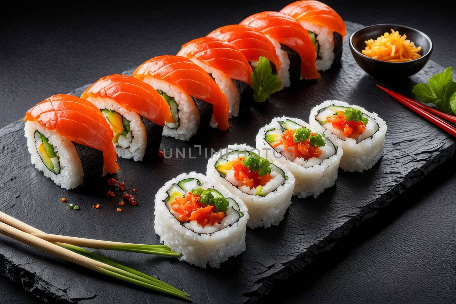 Elegant sushi spread with an array of flavors, including salmon, tuna, and vegetable rolls. Great for food photography, showcasing the artistry of sushi-making and inviting viewers to indulge