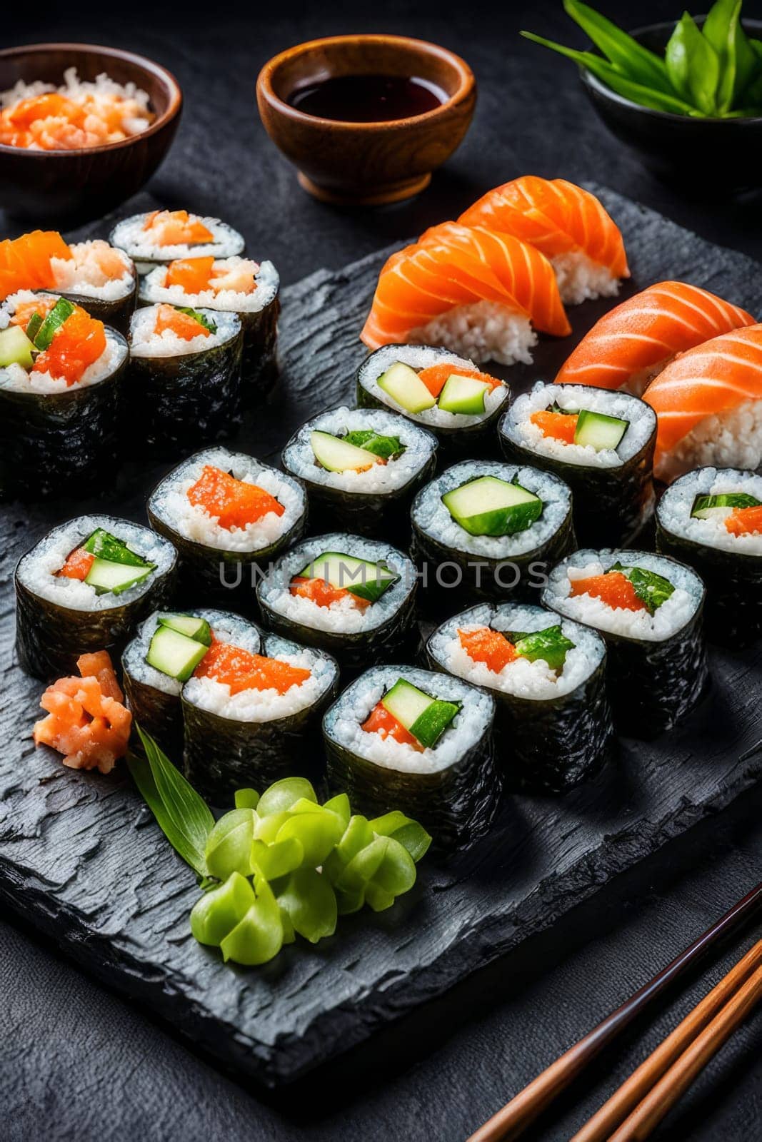 Elegant sushi spread with an array of flavors, including salmon, tuna, and vegetable rolls. Great for food photography, showcasing the artistry of sushi-making and inviting viewers to indulge