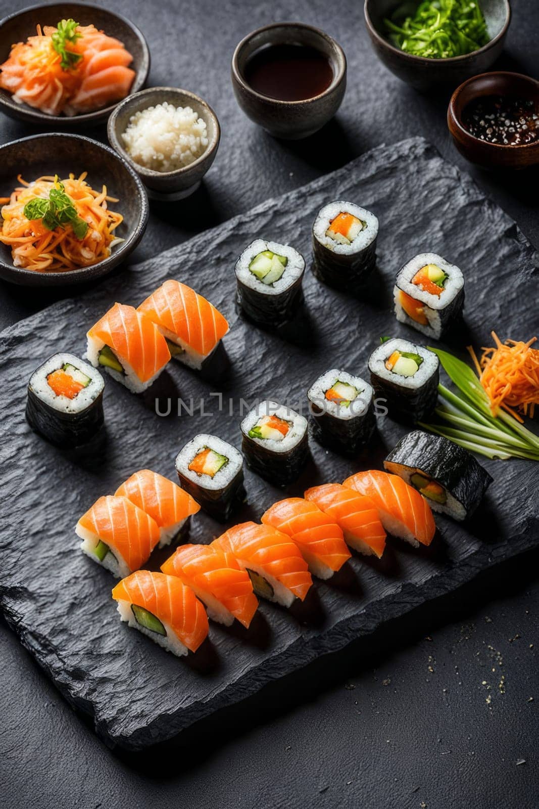 Elegant sushi spread with an array of flavors, including salmon, tuna, and vegetable rolls. Great for food photography, showcasing the artistry of sushi-making and inviting viewers to indulge