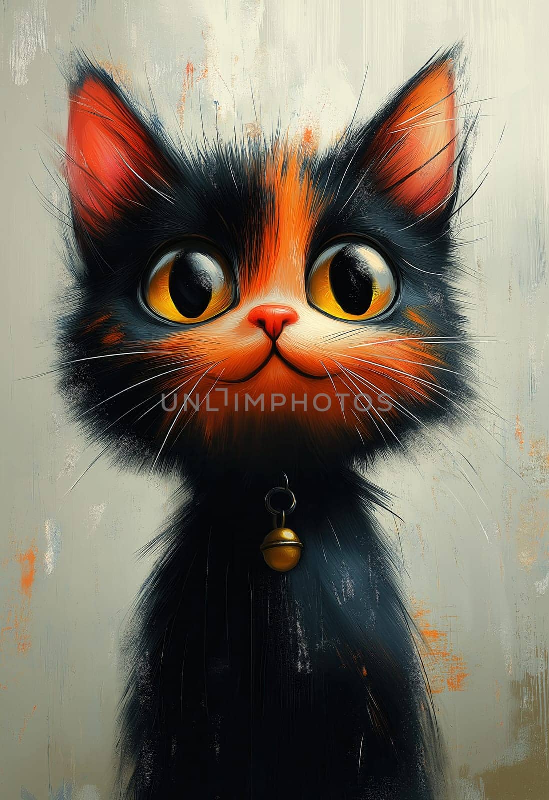 Cartoon tricolor cat on a white background. Selective focus.