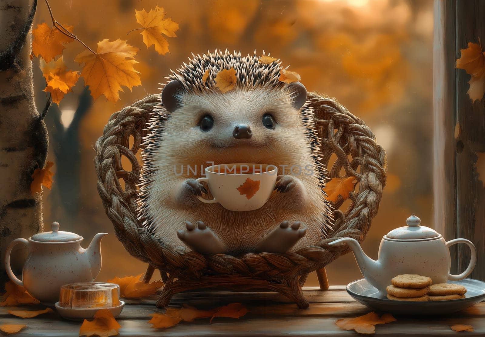 Autumn illustration, hedgehog in a wicker chair drinking tea. Selective focus.