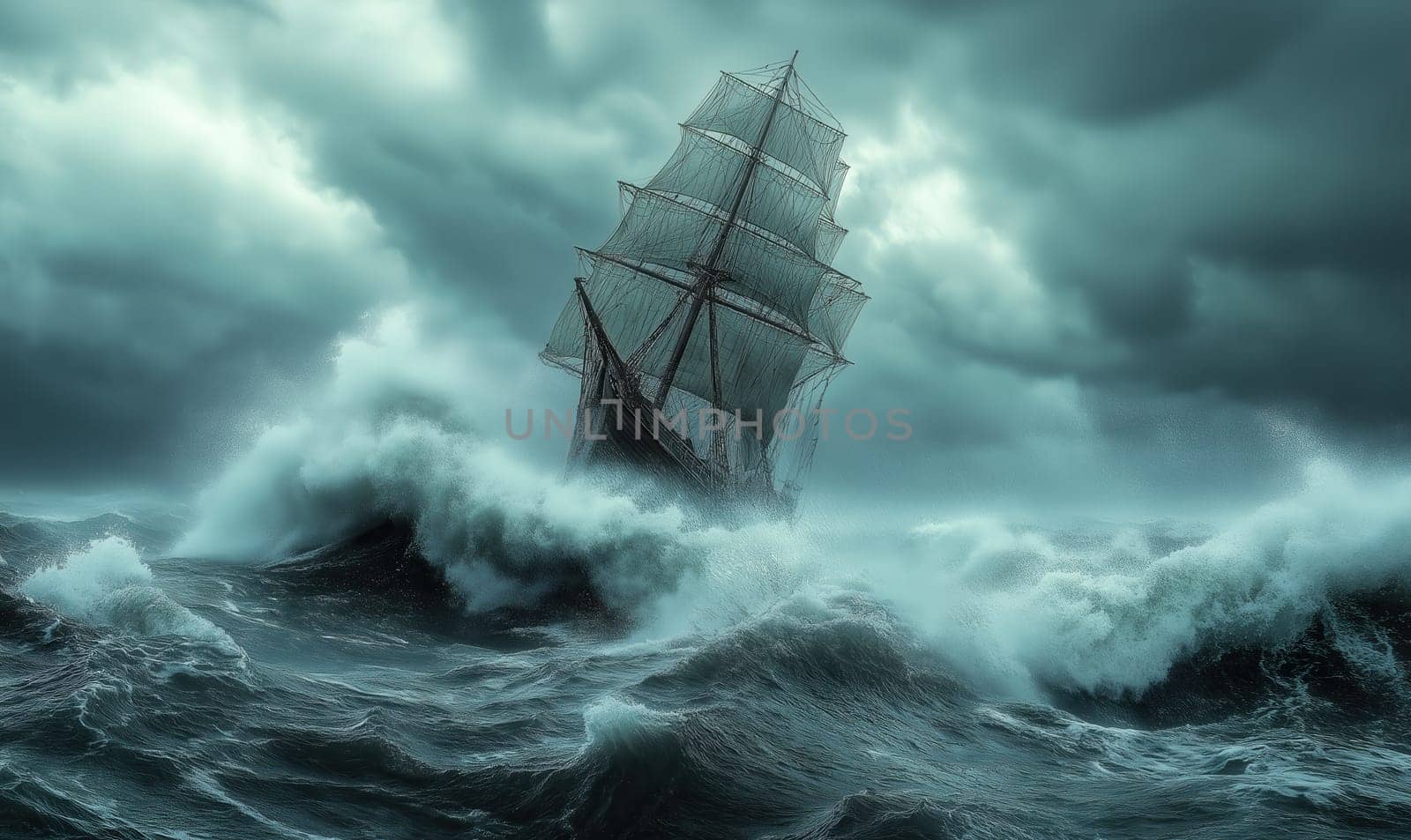 A sailing ship braves the waves on a stormy sea. Selective focus.