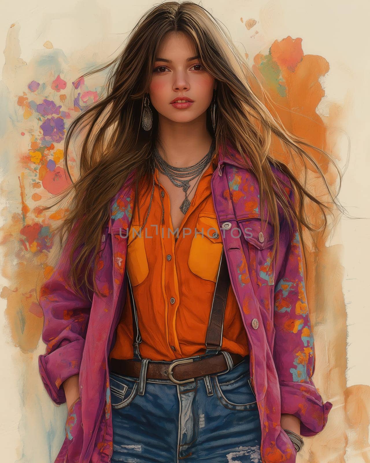 Watercolor illustration of a young woman in elegant clothing. Selective focus.
