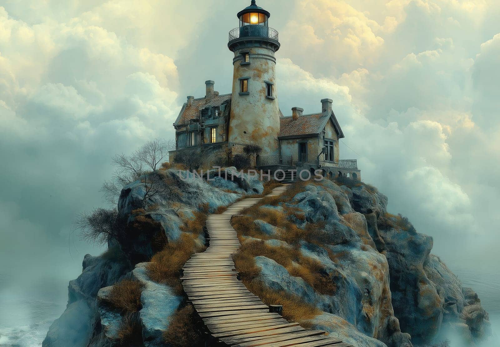 Illustration, a path to a lighthouse on a rocky island. Selective focus.