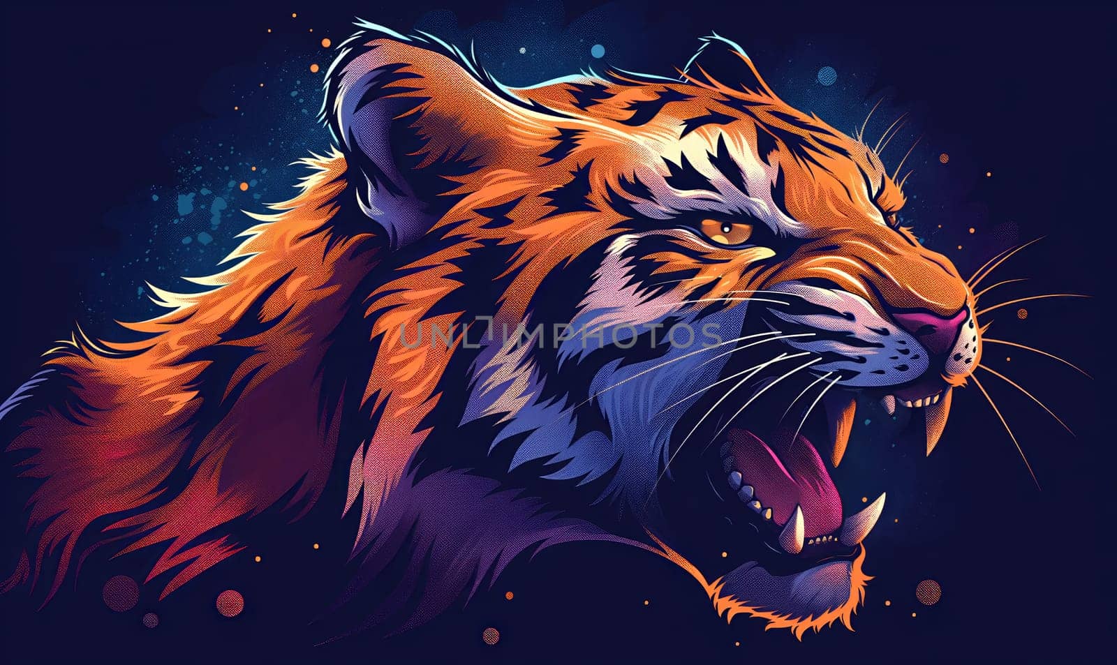 Abstract illustration of a tiger face on a dark background. Selective focus.