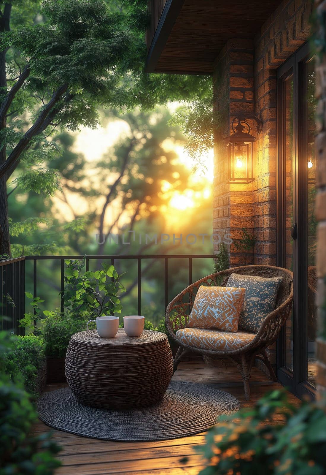 Spring morning on the balcony with a cup of coffee. Selective focus.