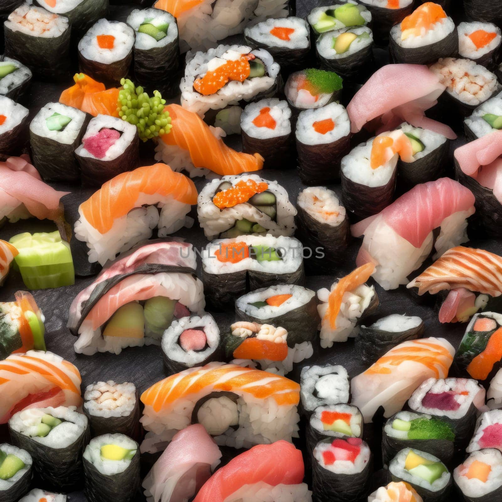 Elegant sushi spread with an array of flavors, including salmon, tuna, and vegetable rolls. Great for food photography, showcasing the artistry of sushi-making and inviting viewers to indulge
