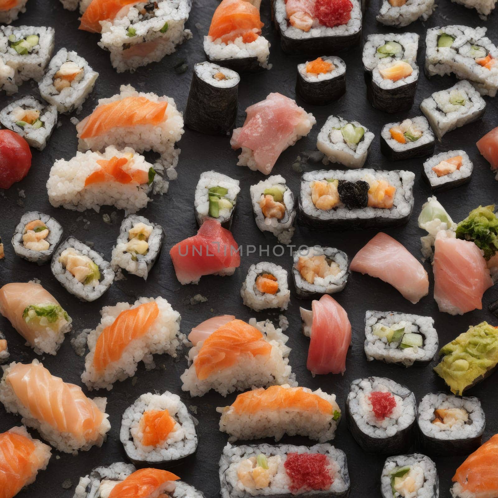 Elegant sushi spread with an array of flavors, including salmon, tuna, and vegetable rolls. Great for food photography, showcasing the artistry of sushi-making and inviting viewers to indulge