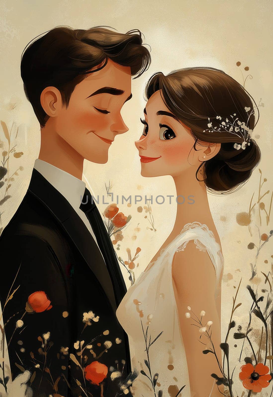 A cartoon illustration of a bride and groom on a cream background. Selective focus.