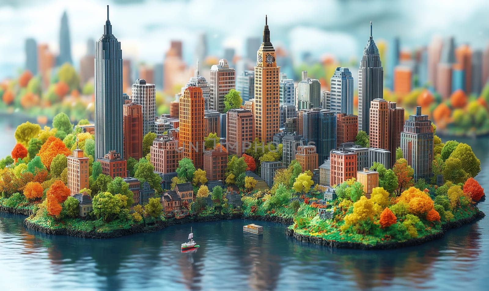 Thumbnail model of a cityscape in pixels. Selective focus.