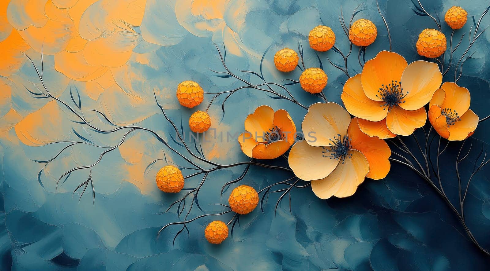 Painting, blooming branch with orange flowers on blue textured background. Selective focus.