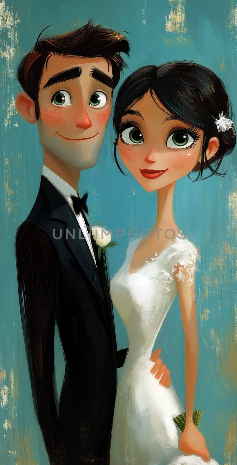 A cartoon illustration of a bride and groom on a blue background. Selective focus.