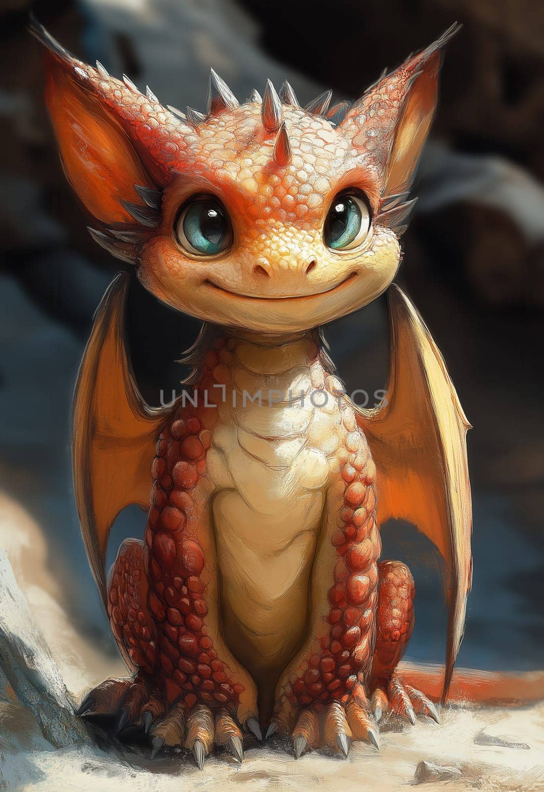 ..Cartoon cute dragon on a blurred background. Selective focus.