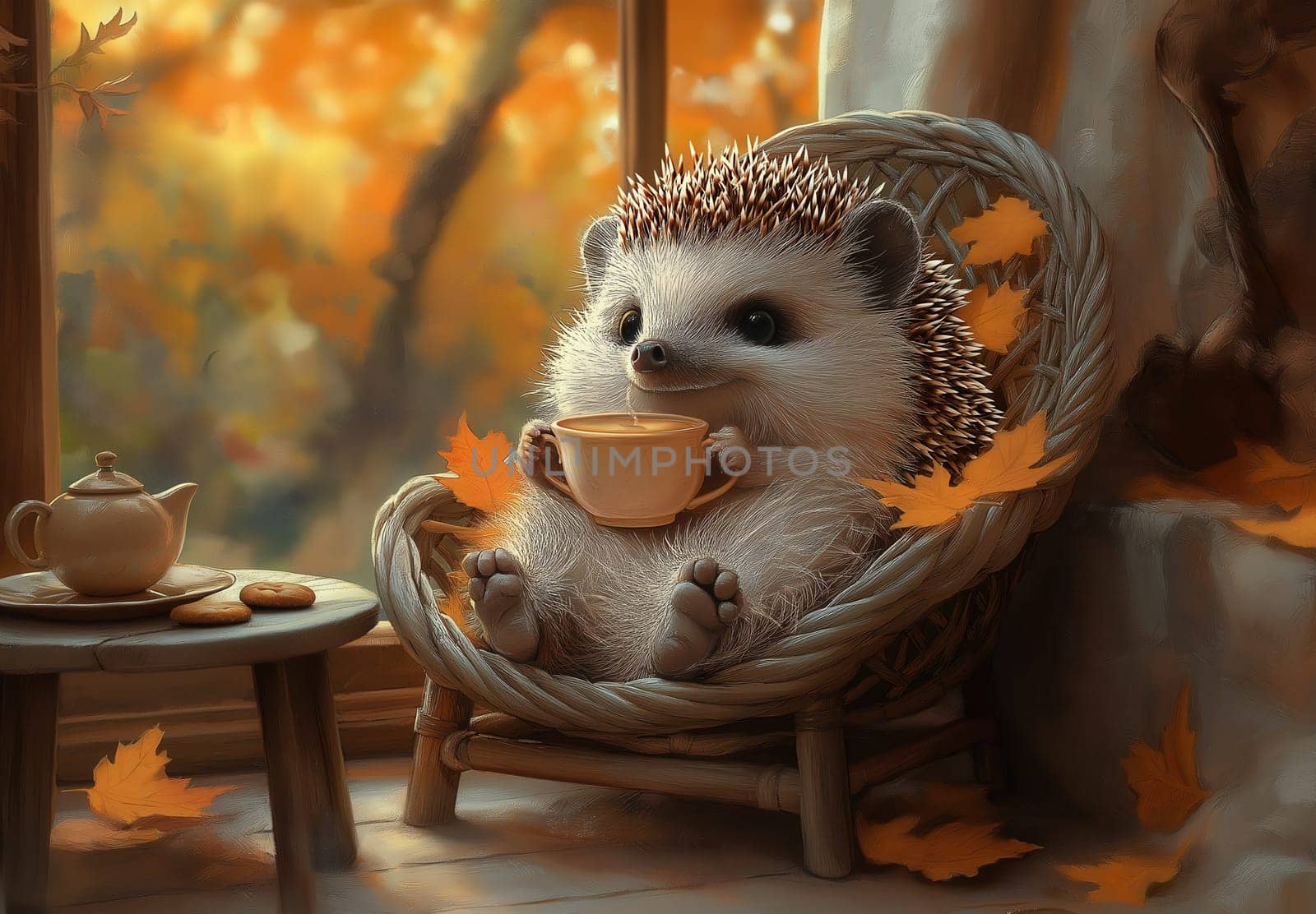 Autumn illustration, hedgehog in a wicker chair drinking tea. Selective focus.