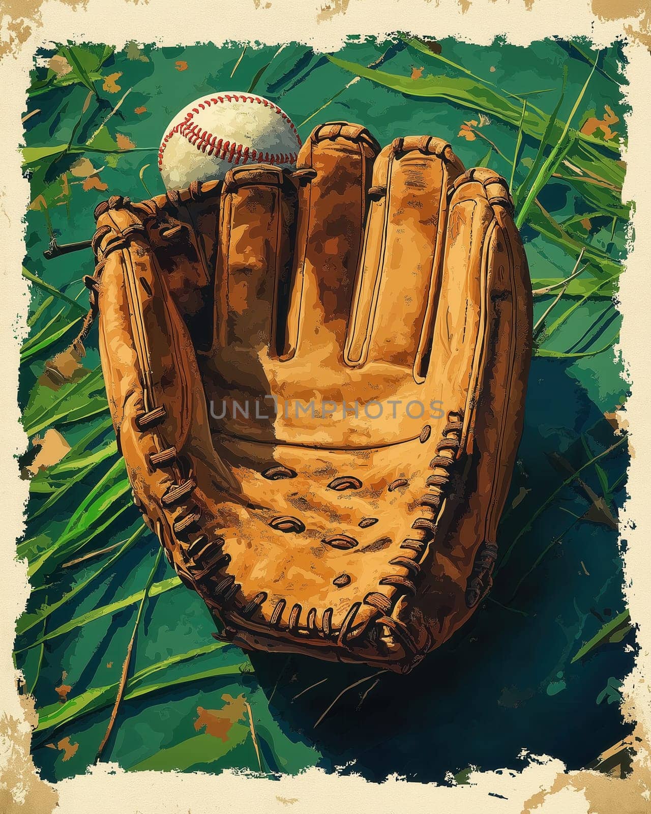 Baseball glove and baseball poster. Selective focus.