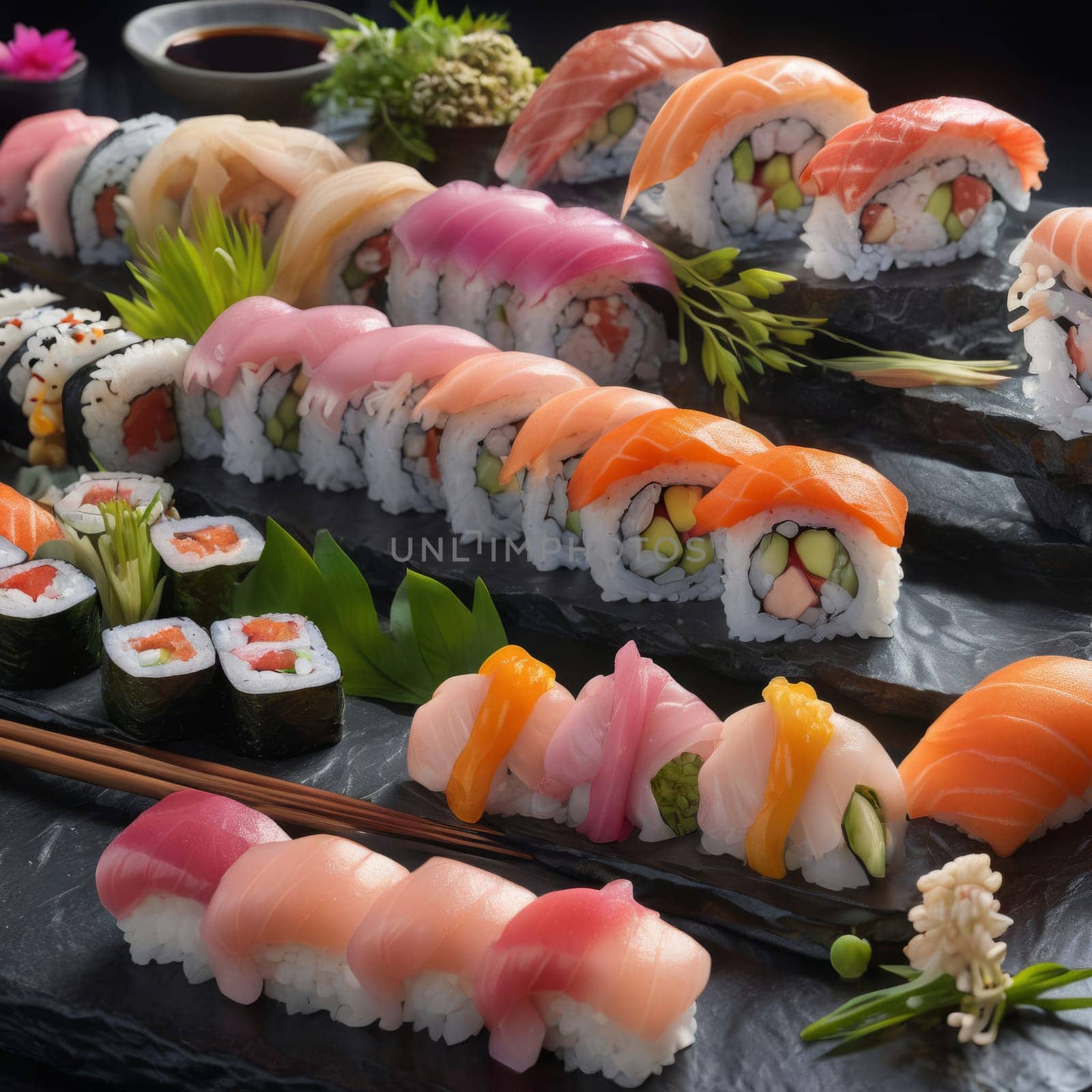 Elegant sushi spread with an array of flavors, including salmon, tuna, and vegetable rolls. Great for food photography, showcasing the artistry of sushi-making and inviting viewers to indulge
