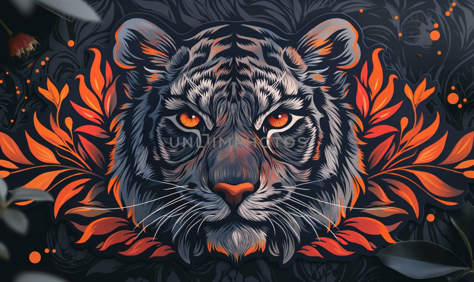 Abstract illustration of a tiger face on a dark background. Selective focus.