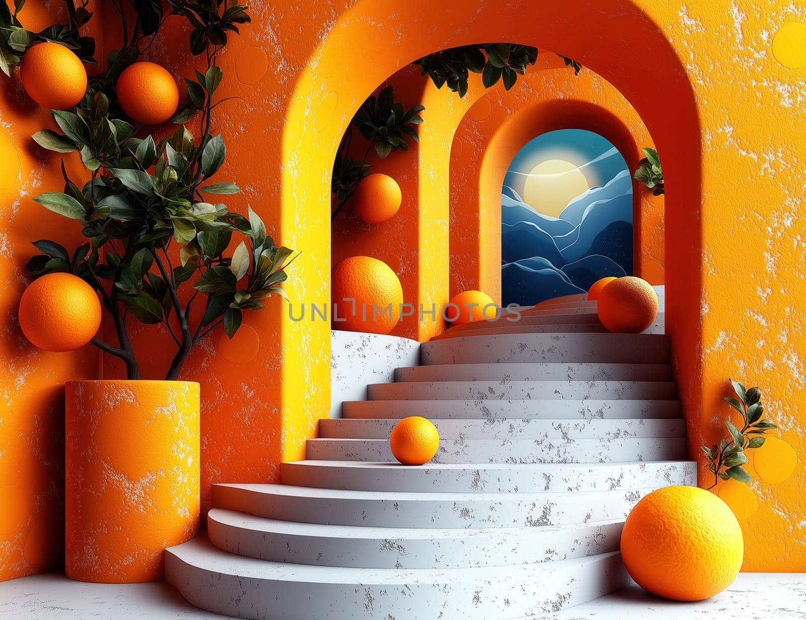 A staircase with arches in an orange theme with balls and greenery. Selective focus.