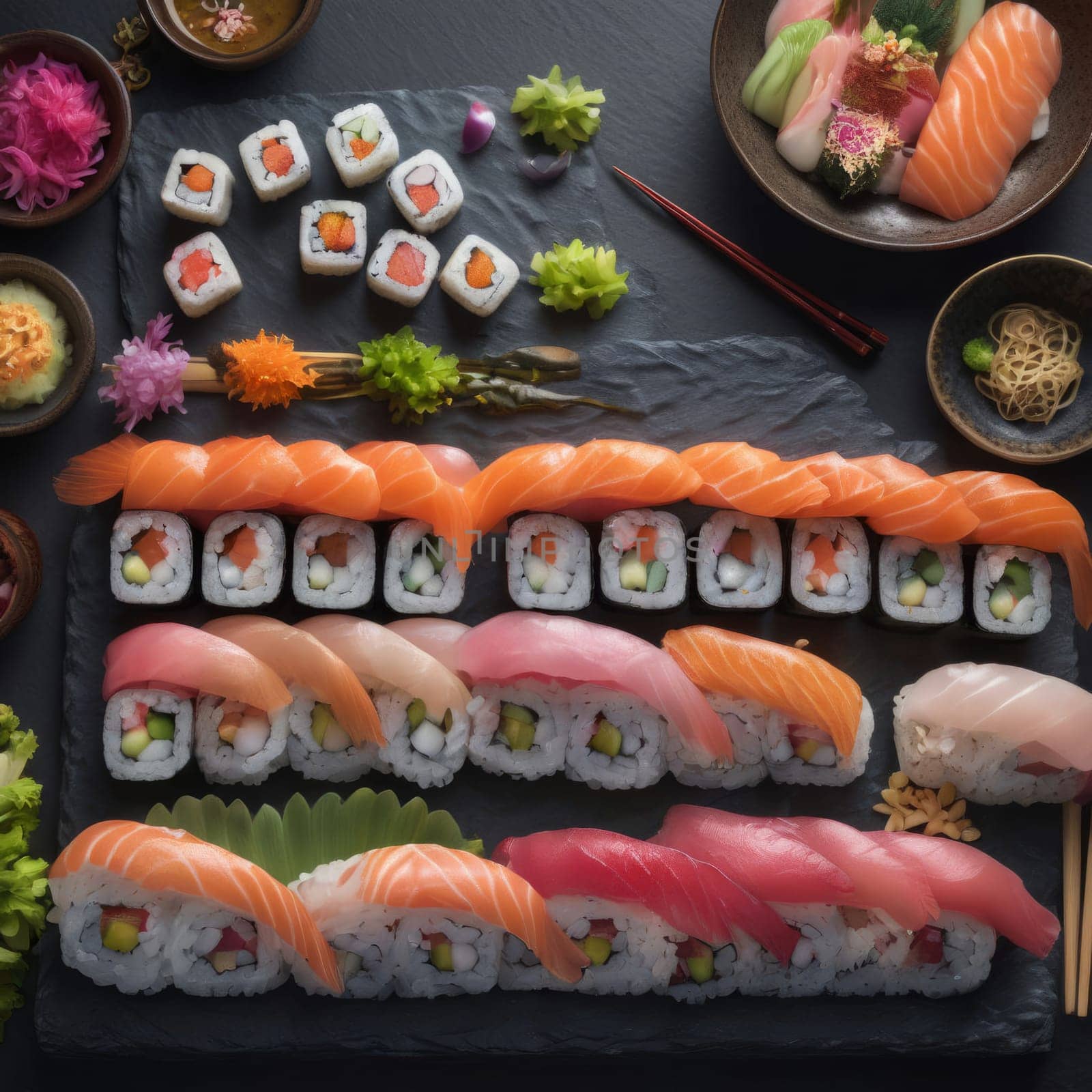 Elegant sushi spread with an array of flavors, including salmon, tuna, and vegetable rolls. Great for food photography, showcasing the artistry of sushi-making and inviting viewers to indulge