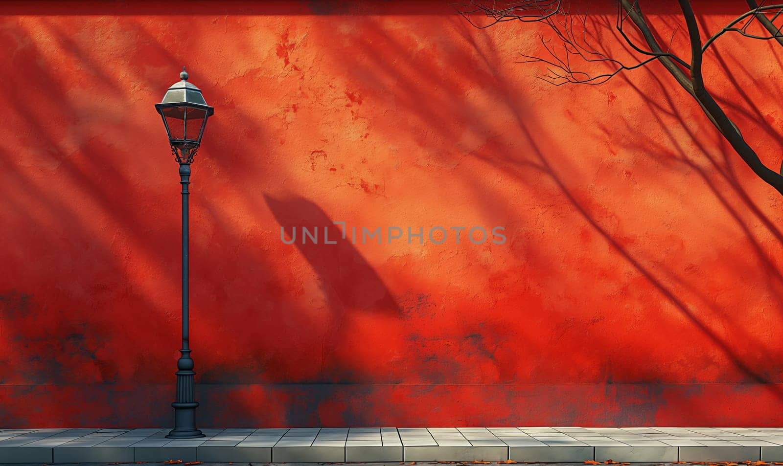 A street lamp stands near a red wall. Selective focus.
