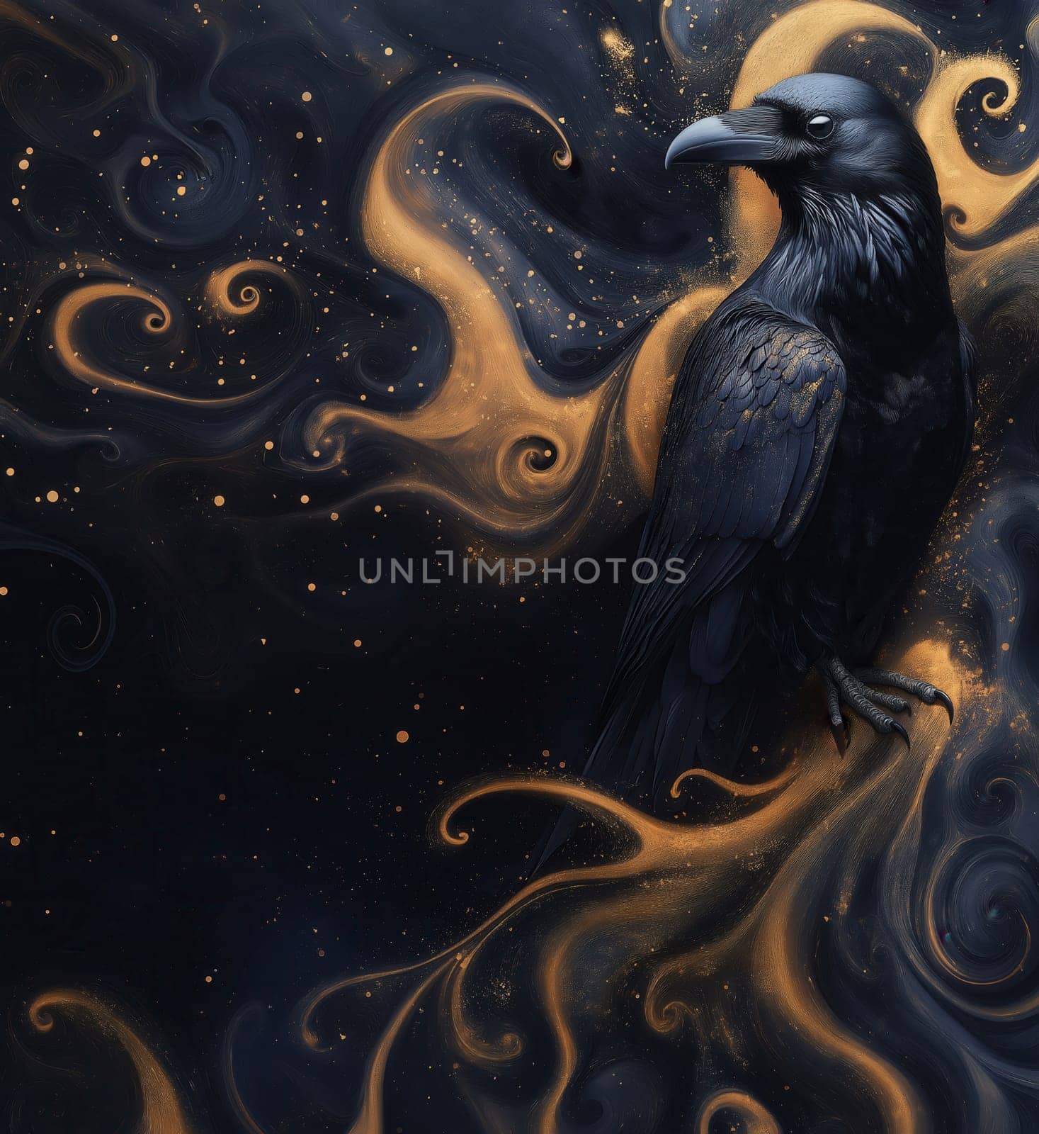 A black raven on an abstract textured background. Selective focus.