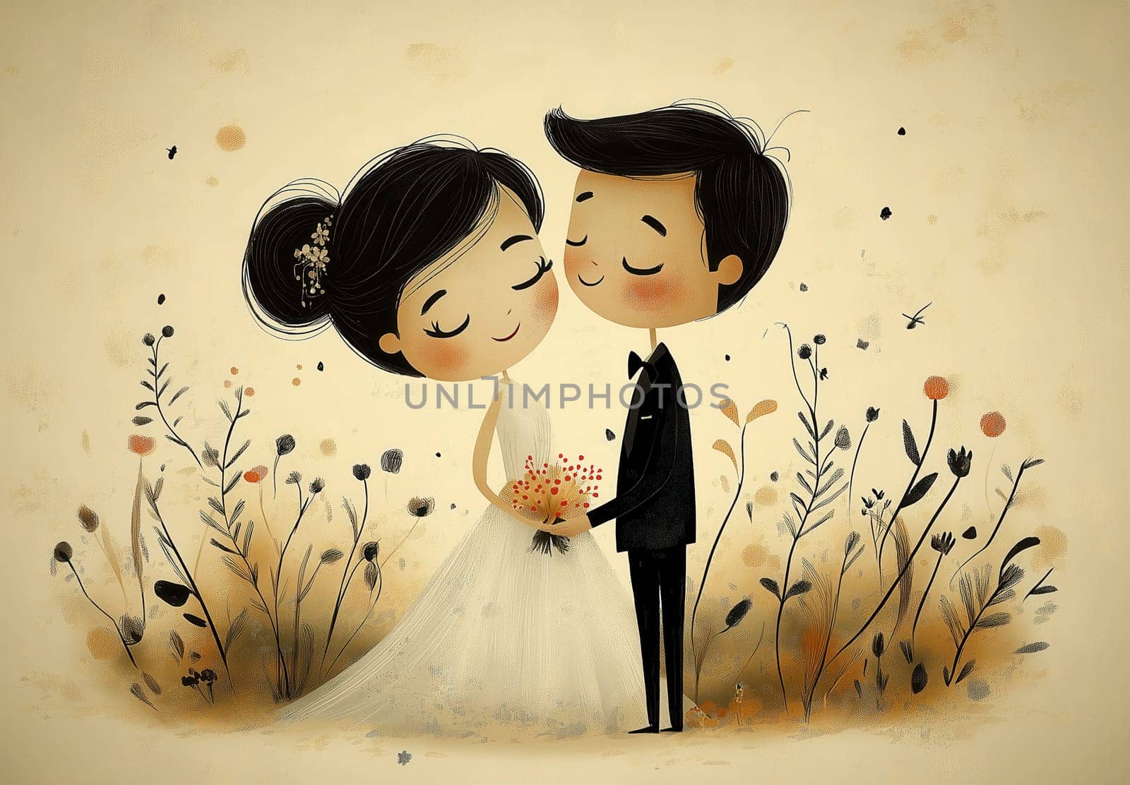A cartoon illustration of a bride and groom on a cream background. Selective focus.