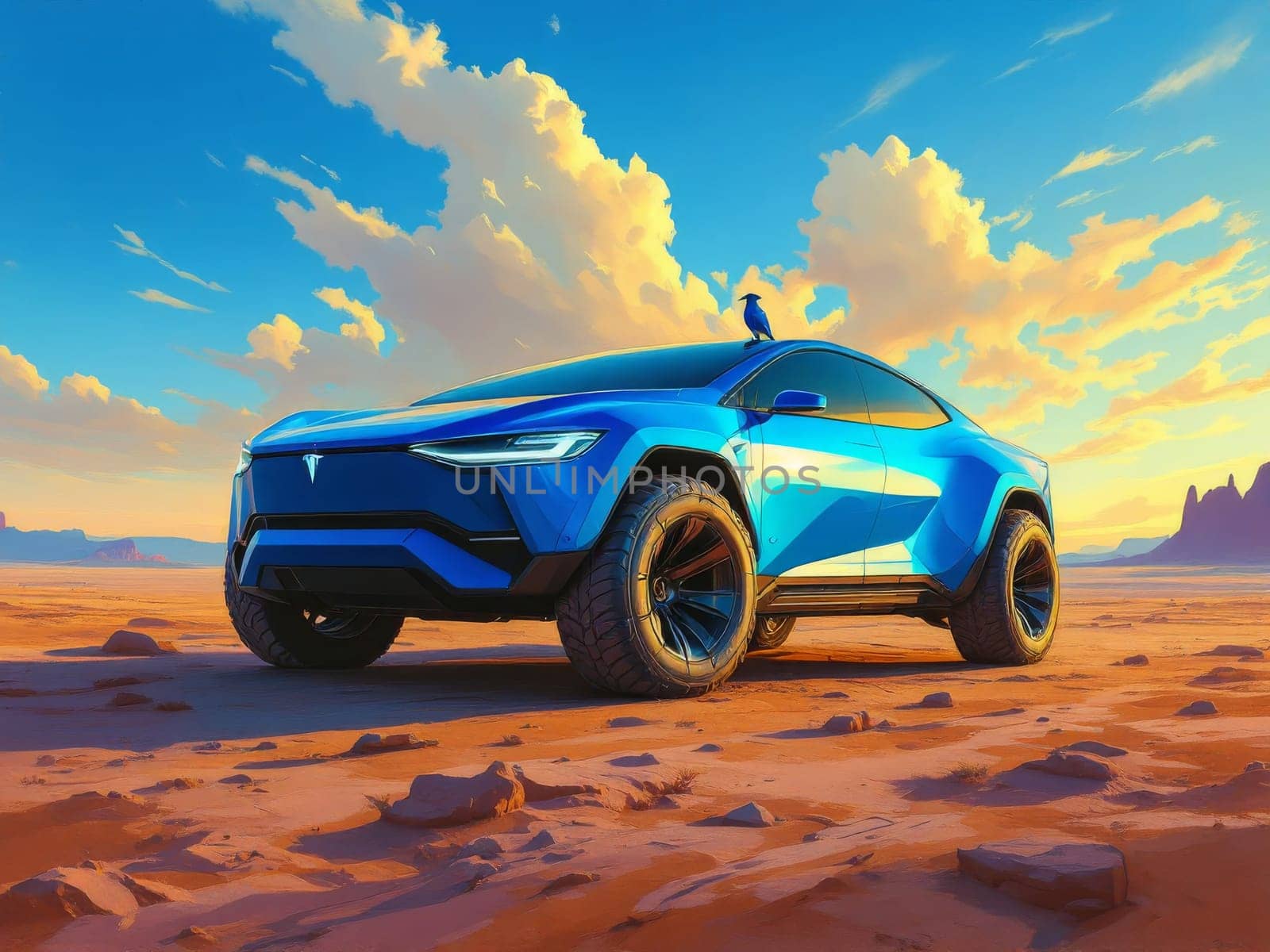 Futuristic blue Tesla Cybertruck parked on the desert sand of Monument Valley at sunset, with a blue bird resting on its roof. Ai generated
