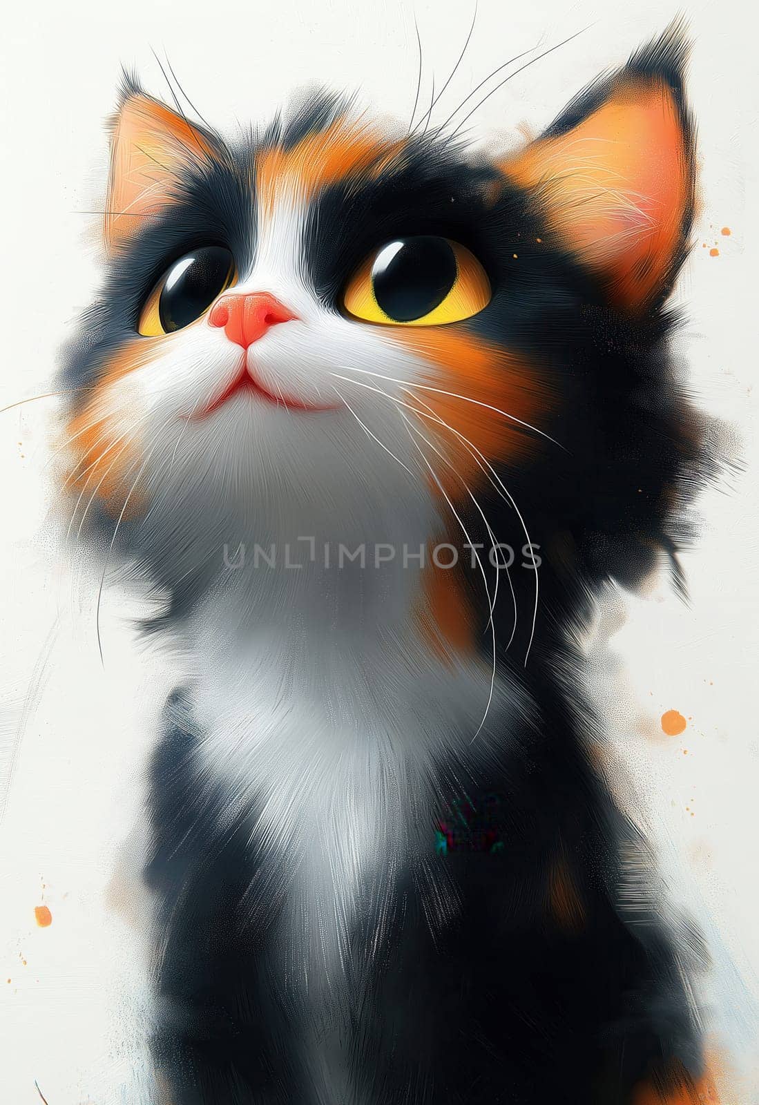 Cartoon tricolor cat on a white background. Selective focus.