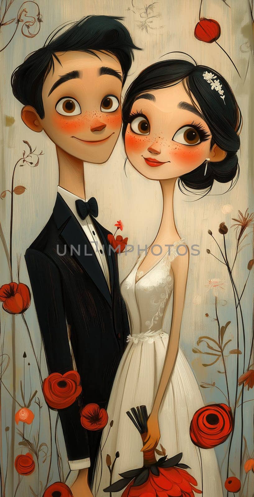 A cartoon illustration of a bride and groom on a cream background. Selective focus.