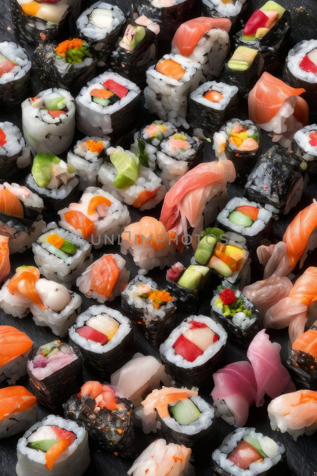 Elegant sushi spread with an array of flavors, including salmon, tuna, and vegetable rolls. Great for food photography, showcasing the artistry of sushi-making and inviting viewers to indulge