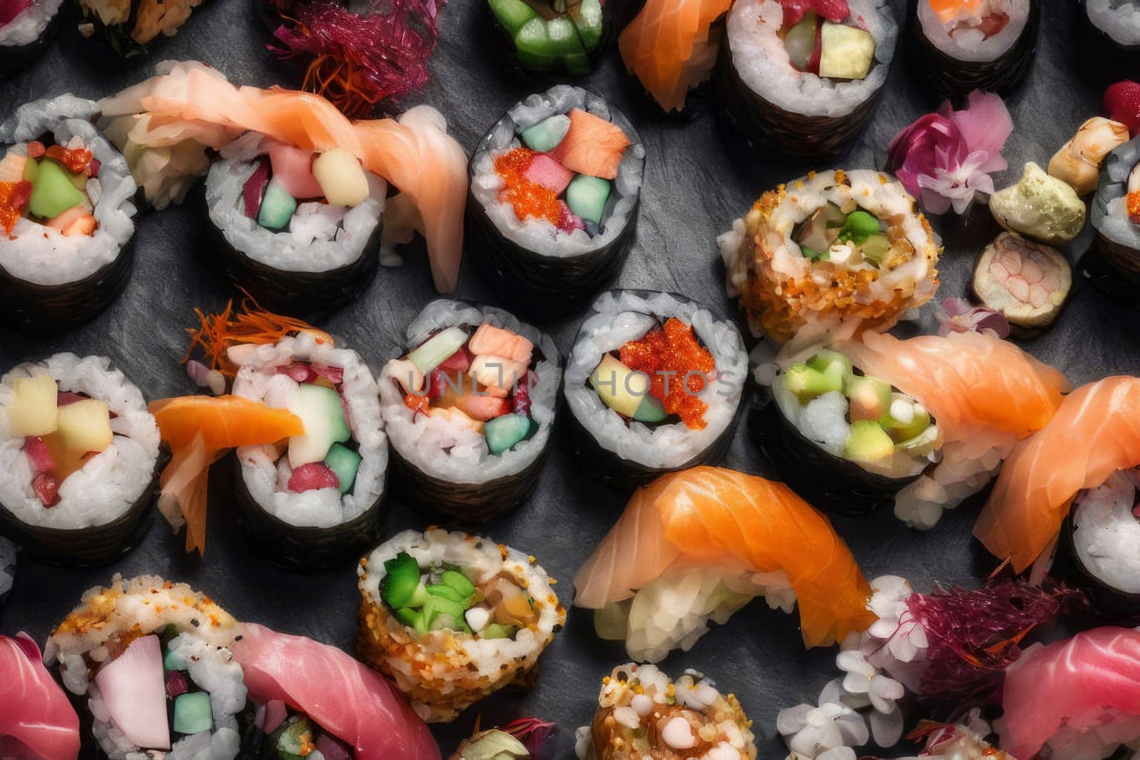 Elegant sushi spread with an array of flavors, including salmon, tuna, and vegetable rolls. Great for food photography, showcasing the artistry of sushi-making and inviting viewers to indulge