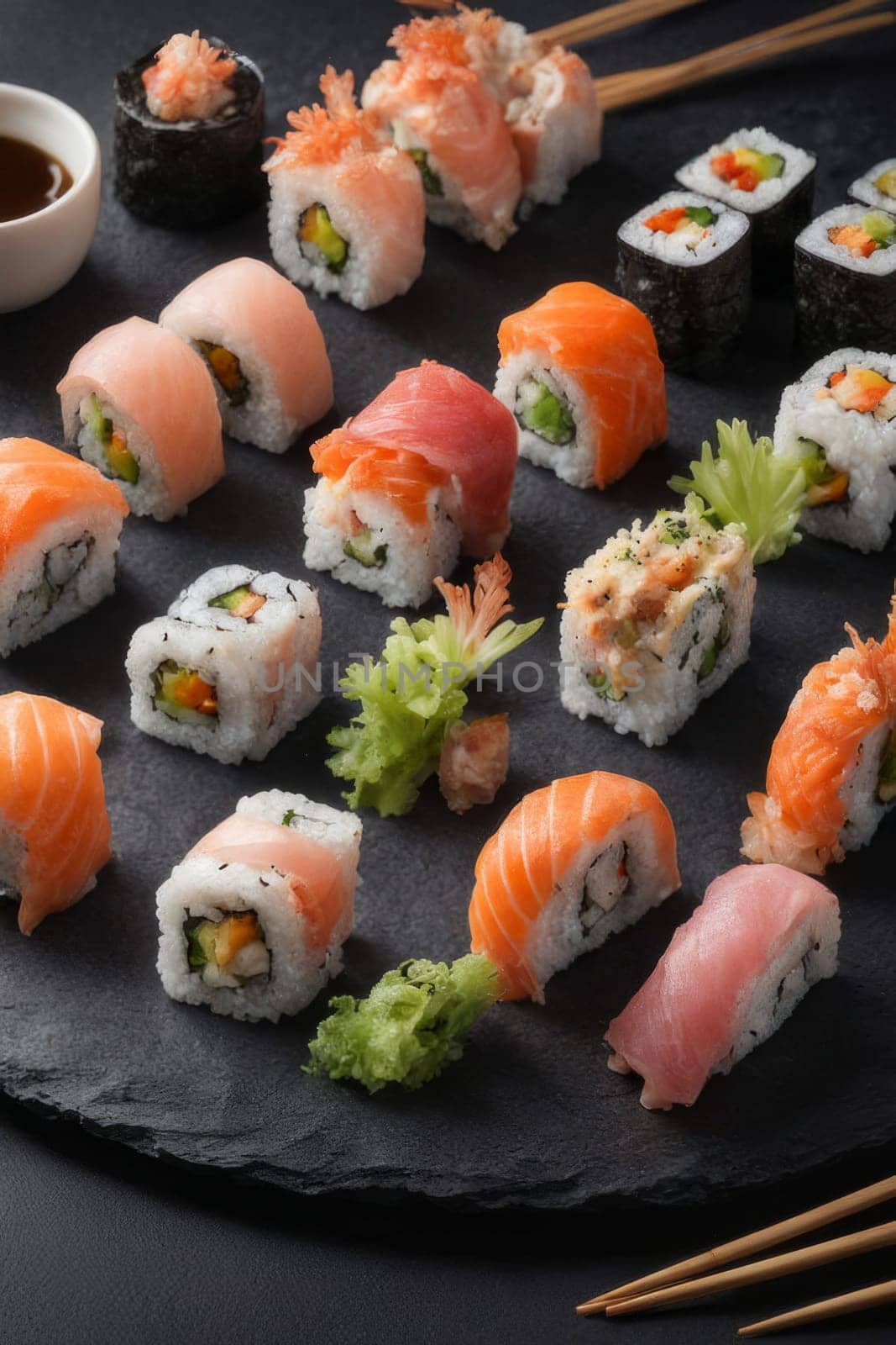 Elegant sushi spread with an array of flavors, including salmon, tuna, and vegetable rolls. Great for food photography, showcasing the artistry of sushi-making and inviting viewers to indulge