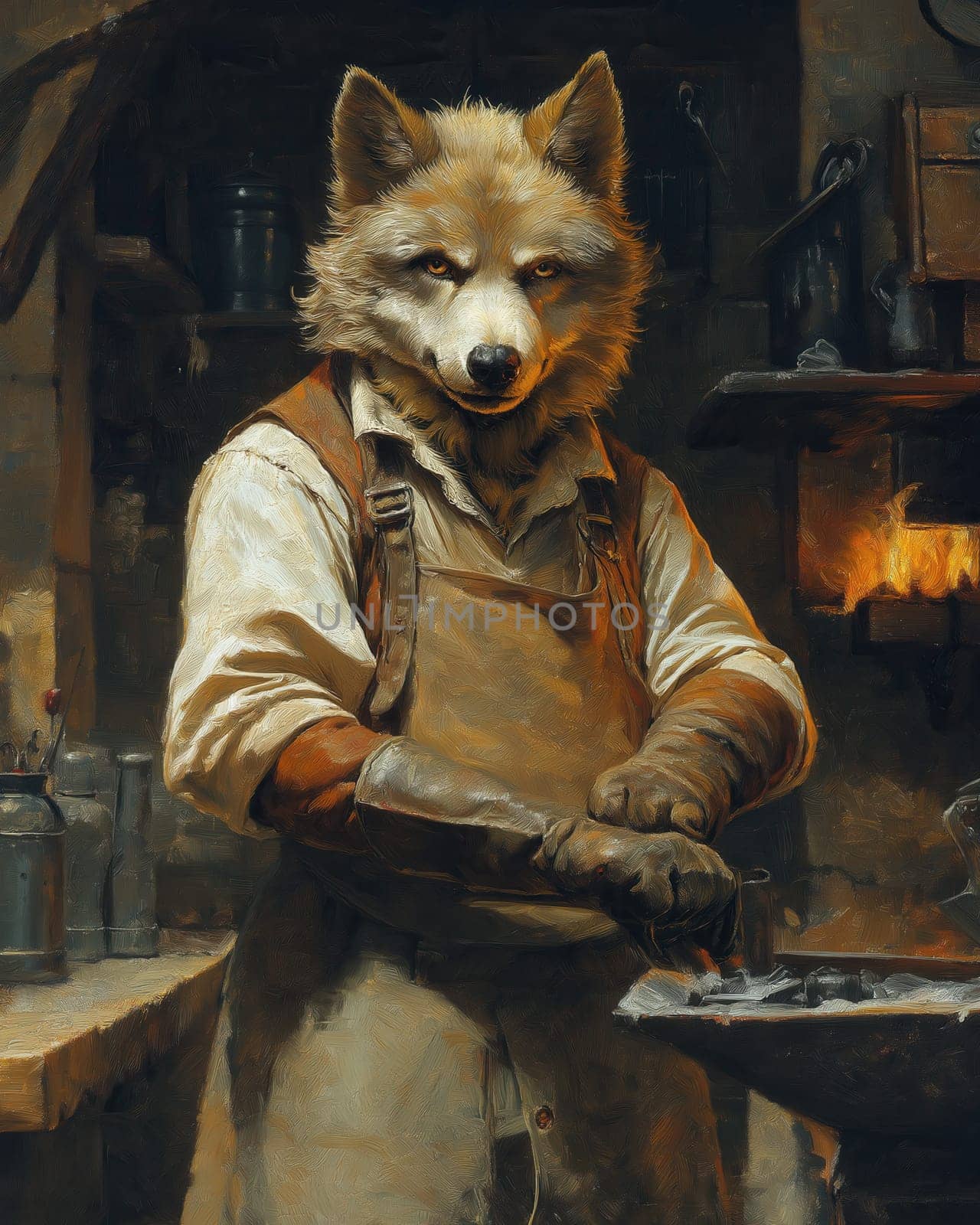 Illustration of a wolf working in an apron in a workshop. Selective focus.