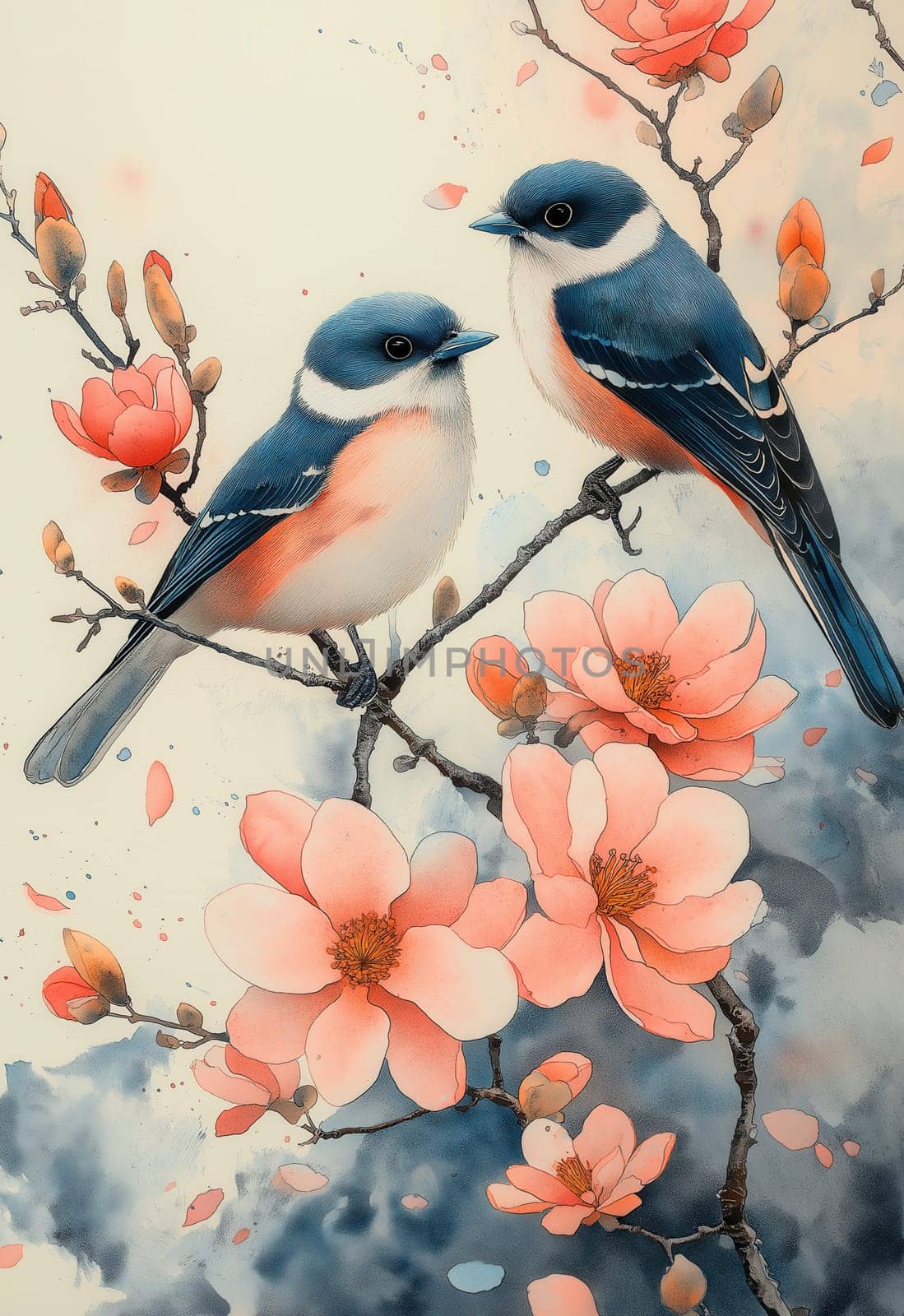 Watercolor, two birds sitting on a flowering branch. Selective focus.