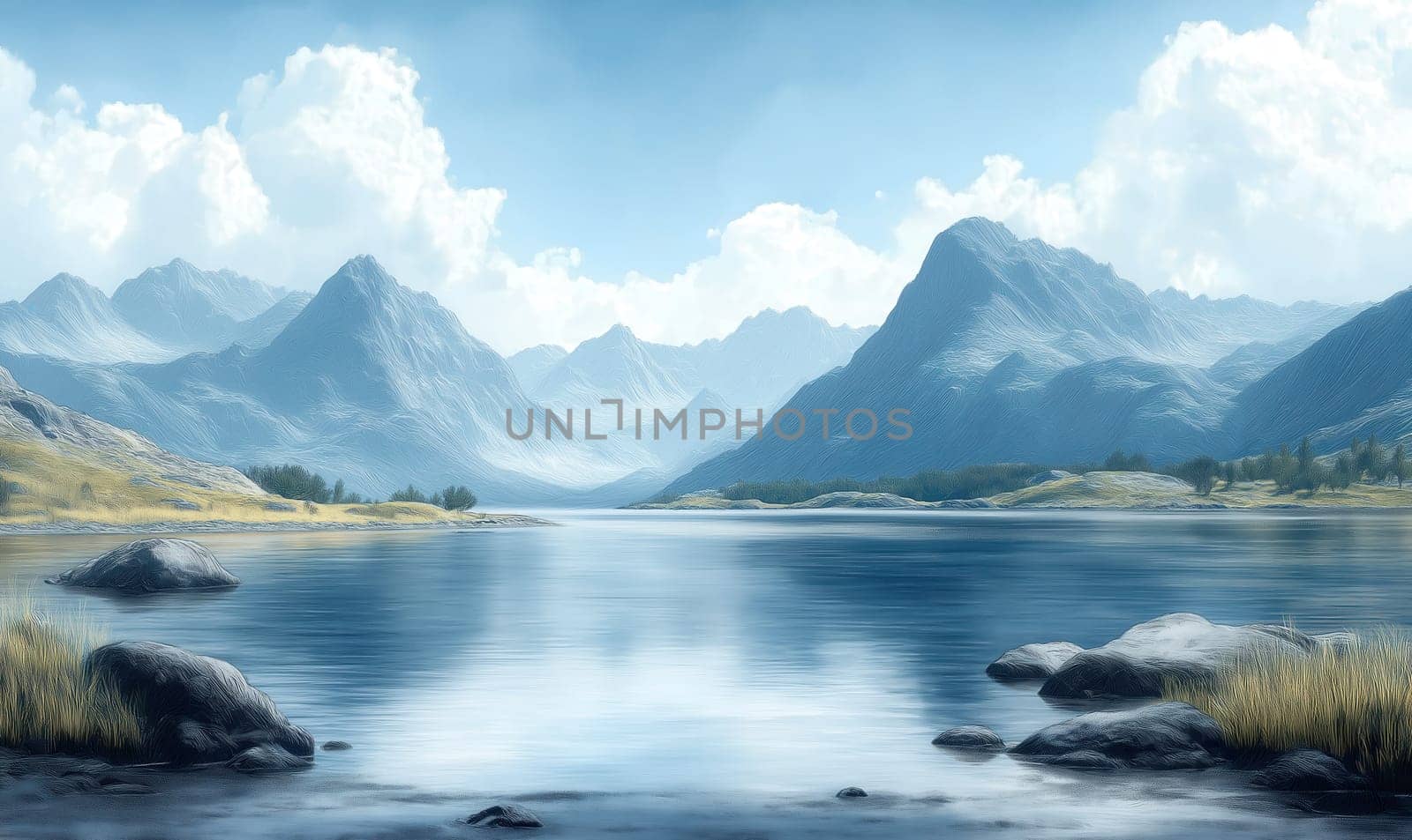 A natural landscape with a lake against the backdrop of mountains. Selective focus.