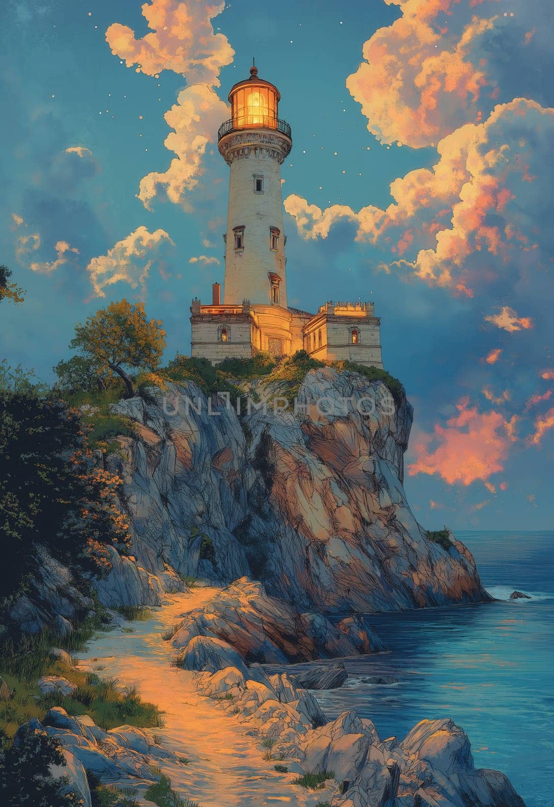 Illustration, a path to a lighthouse on a rocky island. Selective focus.