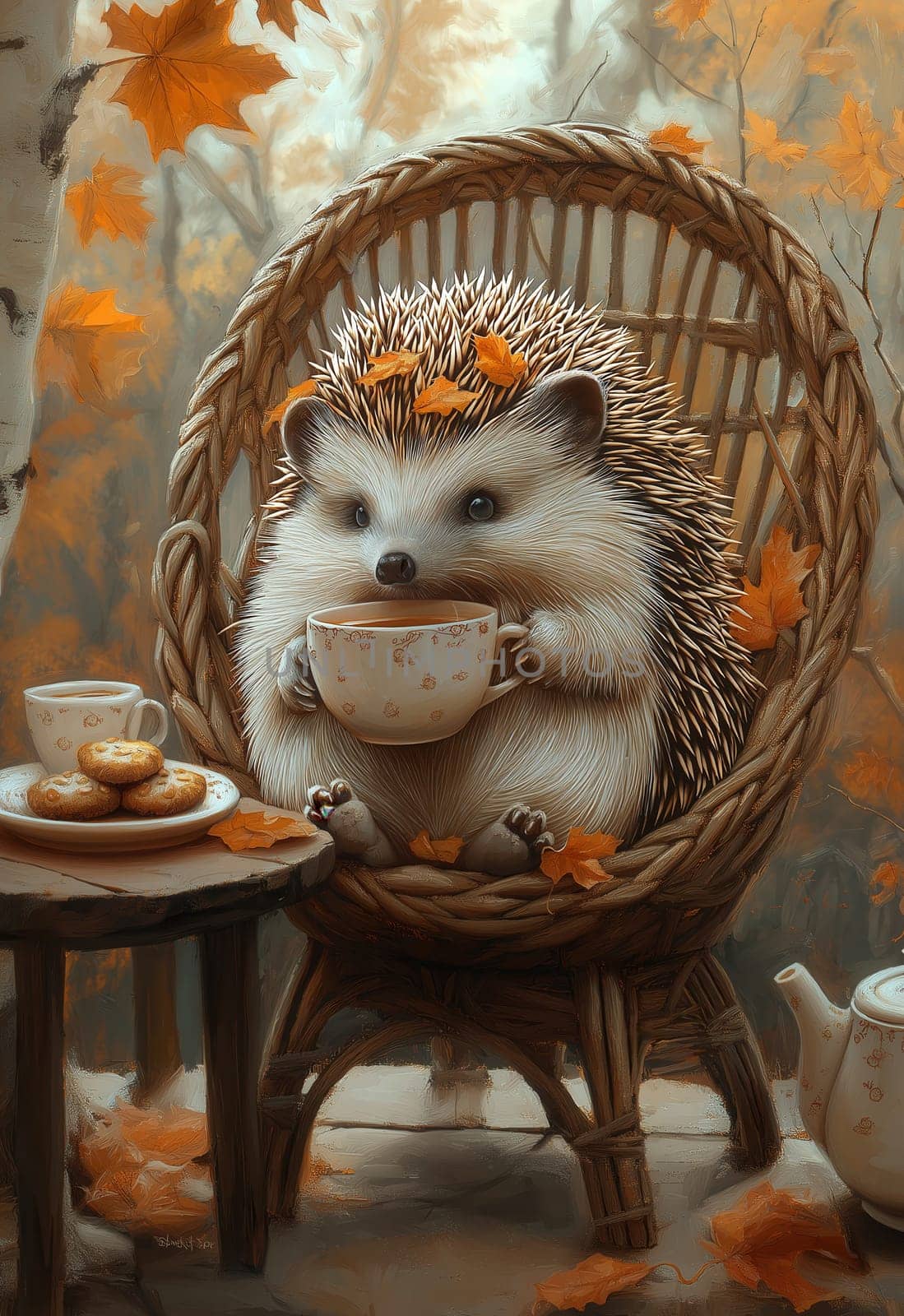 Autumn illustration, hedgehog in a wicker chair drinking tea. Selective focus.