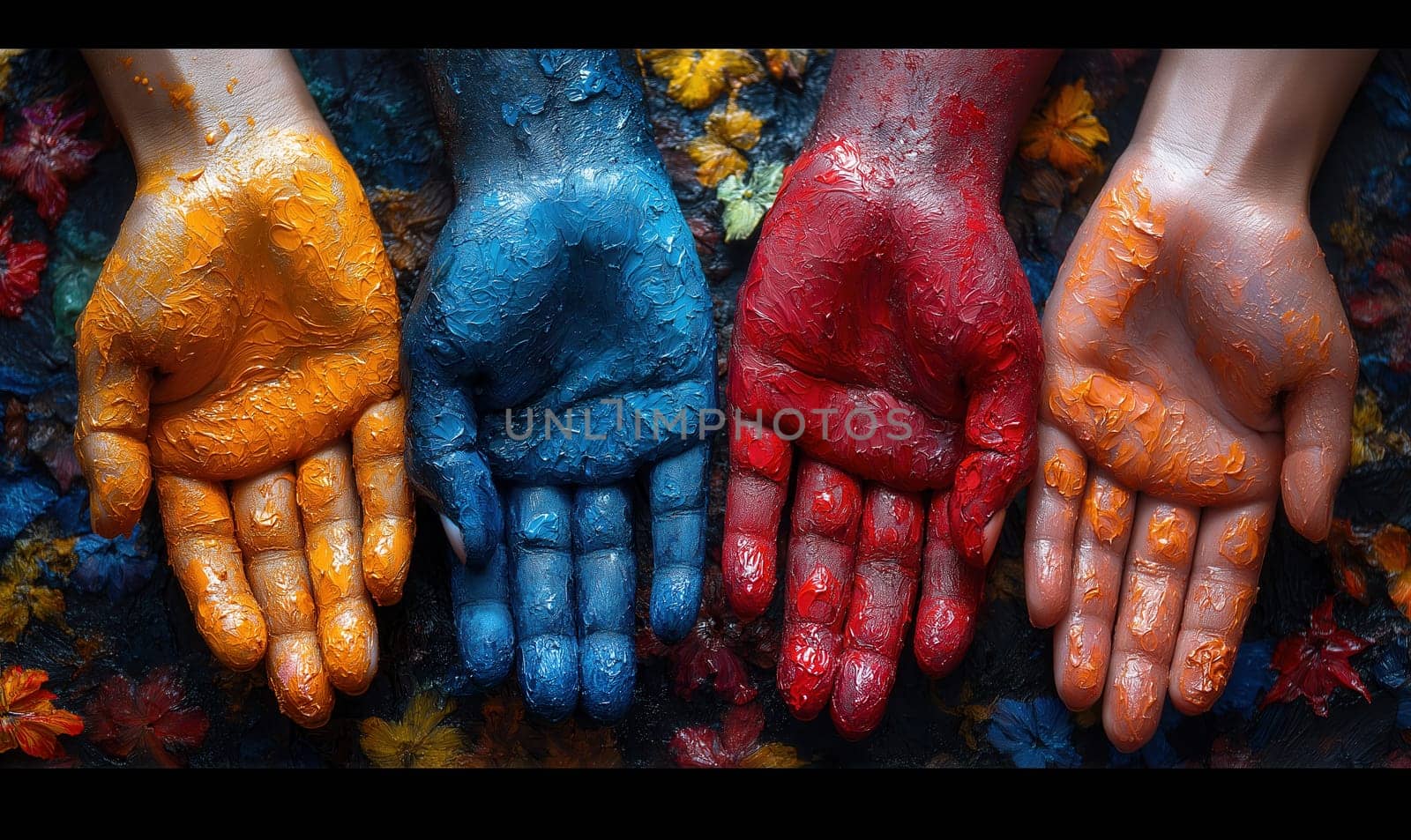 Hands in colored paint on an abstract background. Selective focus.