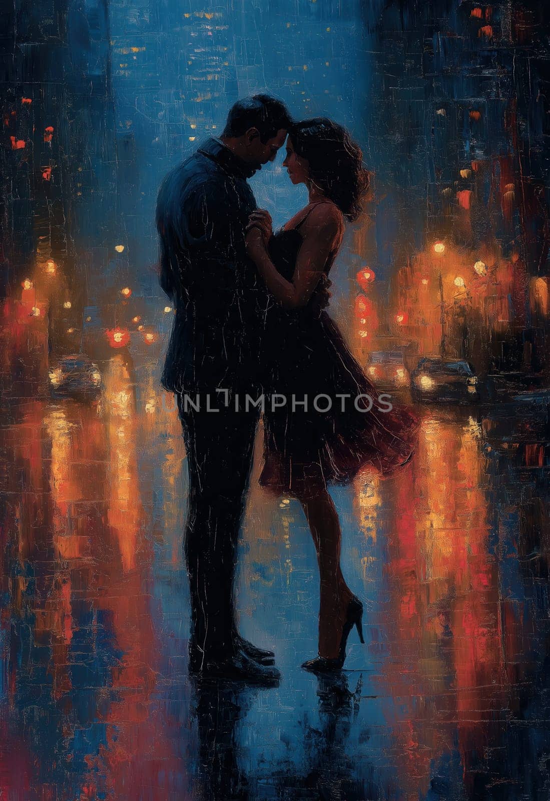 Painting of a man and woman dancing tango on a city street at night. Selective focus.