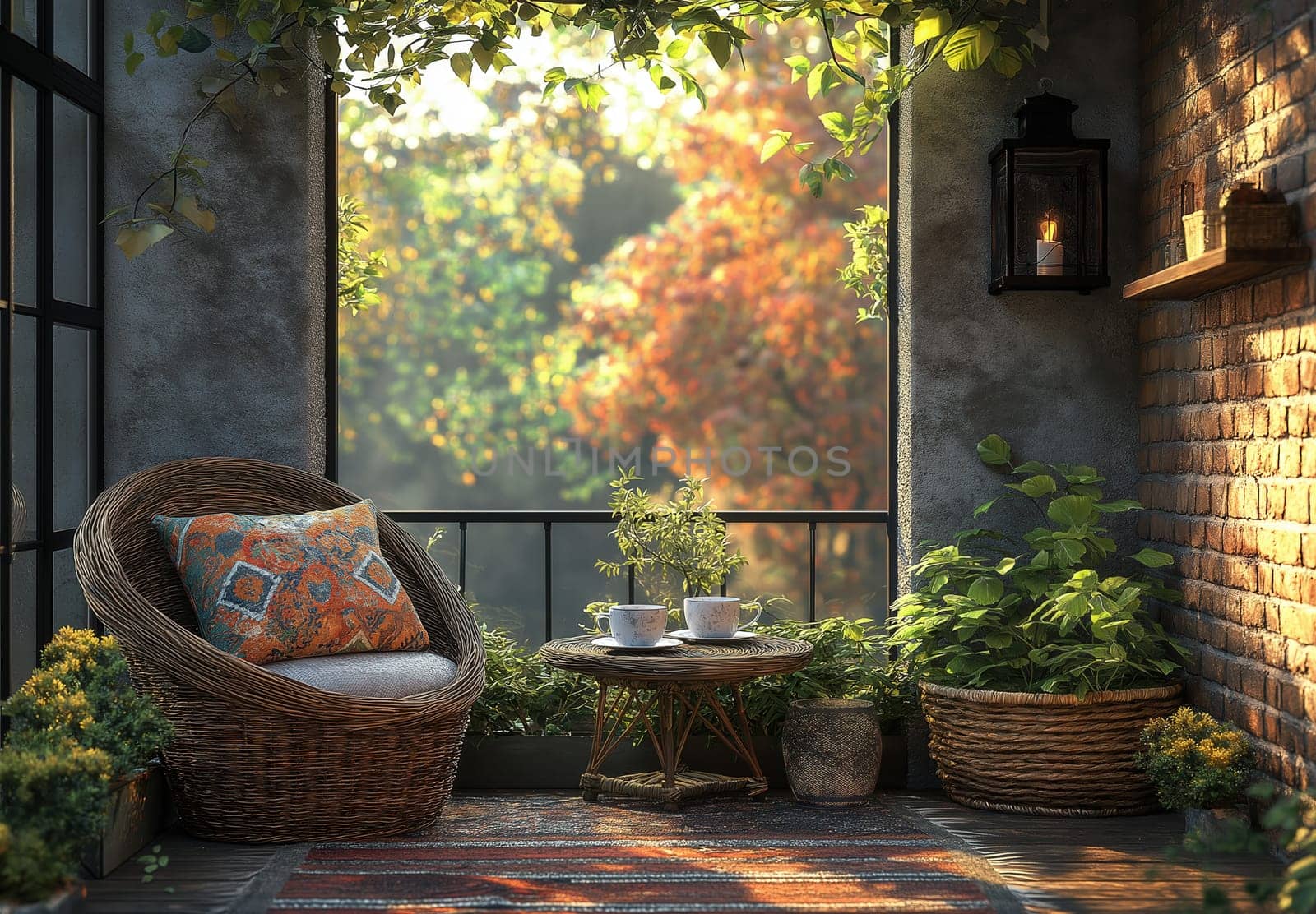 Spring morning on the balcony with a cup of coffee. Selective focus.