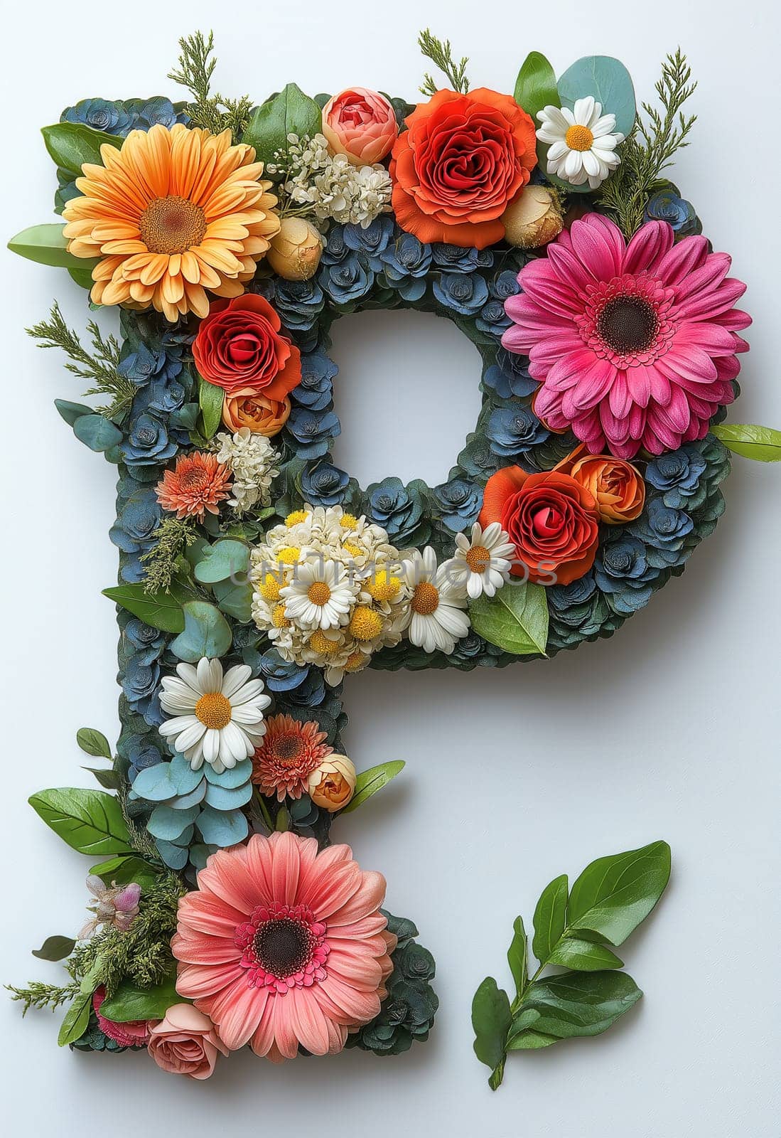 The letter P of colorful flowers on a white background. Selective focus.