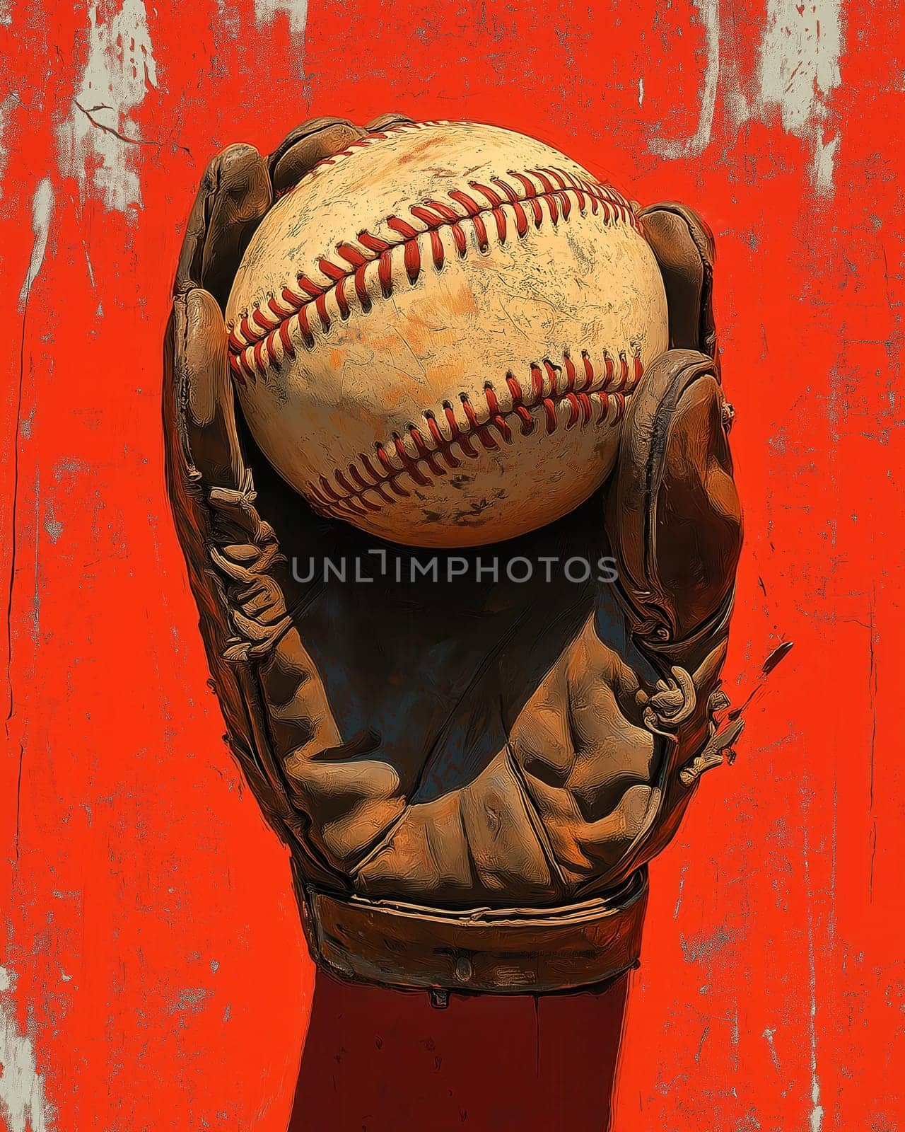 Baseball glove and baseball poster. Selective focus.