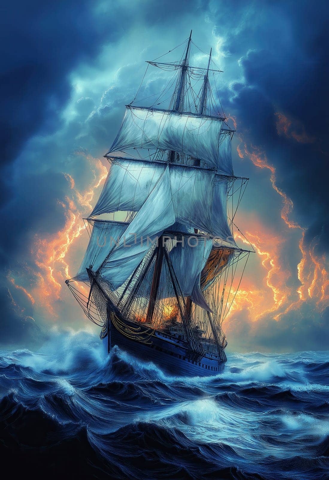 A sailing ship braves the waves on a stormy sea. Selective focus.