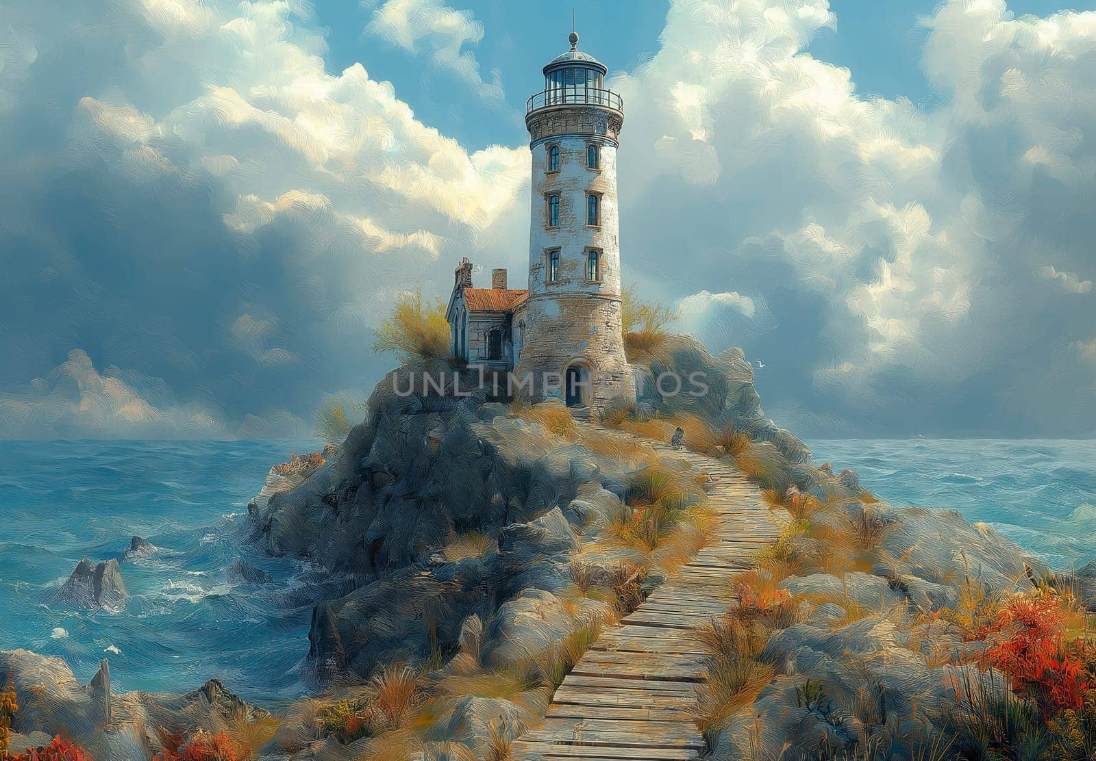 Illustration, a path to a lighthouse on a rocky island. Selective focus.